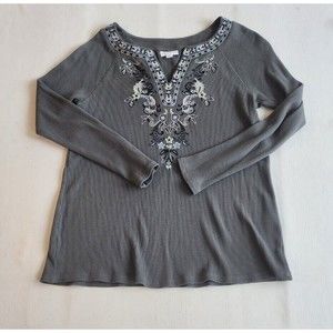 J. Jill Embroidered Waffle Thermal Top V Neck olive Green XS